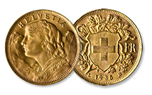 Swiss 20 Franc Helvetia 'Vreneli' Gold Coin
