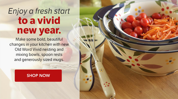 Make some bold, beautiful changes in your kitchen with new Old World Vivid nesting and mixing bowls, spoon rests and generously sized mugs. Shop Now